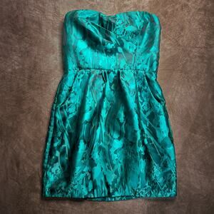 Trixxi Vintage Y2K Teal Satin Strapless Mini Dress Geometric Sweetheart Neckline